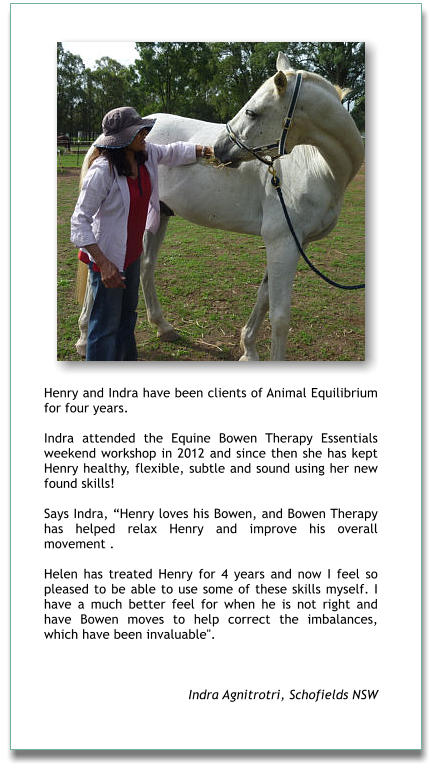 Henry and Indra have been clients of Animal Equilibrium for four years.   Indra attended the Equine Bowen Therapy Essentials weekend workshop in 2012 and since then she has kept Henry healthy, flexible, subtle and sound using her new found skills!  Says Indra, “Henry loves his Bowen, and Bowen Therapy has helped relax Henry and improve his overall movement .   Helen has treated Henry for 4 years and now I feel so pleased to be able to use some of these skills myself. I have a much better feel for when he is not right and have Bowen moves to help correct the imbalances, which have been invaluable".    Indra Agnitrotri, Schofields NSW